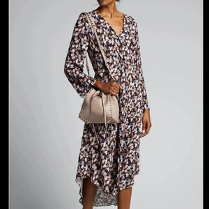 Vince Micro Abstract Painted Floral Pleated Twist Front Long Sleeve Midi Dress